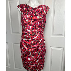 Ann Taylor Floral Drape Neck Sheath Dress Red Pink Black Size 8 NEW